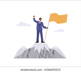 Successful businessman character standing on mountain top with flag, goal achievement concept