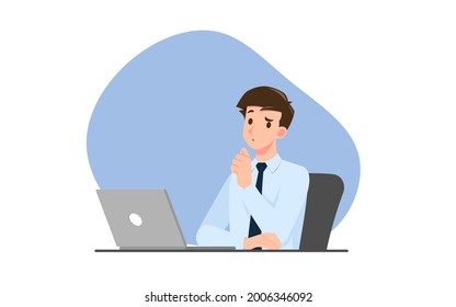 Successful businessman character thinking. Thinking business people during work with personal computer laptop. Working concept vector illustration design.