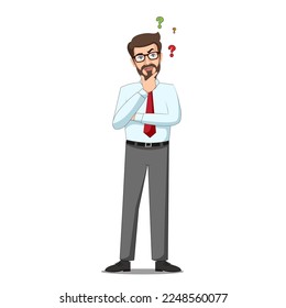 Successful businessman character thinking. Thinking man surrounded by question mark. Thoughtful young business man thinking with Question mark icon vector illustration