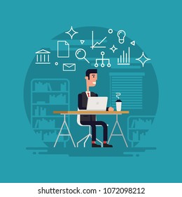 Successful businessman character working at the office flat business concept web vector illustration. Sitting in front of the desk with line business theme icons above.
