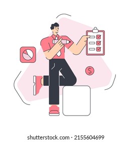 El empresario ha realizado una comprobación exitosa para hacer una lista de marca de verificación clipboard objetivo de documento de ilustración plana vectorial. Informe de tareas realizadas del recordatorio de lista de comprobación de trabajo de empleado de oficina masculino