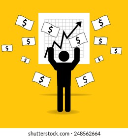 Successful businessman cheer graph up to goal with money on yellow background : business concept 