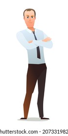 Successful businessman. Cheerful persons in standing pose. Man in business shirt and tie. Cartoon comic style flat design. Separate character. Illustration isolated on white background. Vector