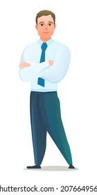 Successful businessman. Cheerful persons in standing pose. Man in business shirt and tie. Cartoon comic style flat design. Separate character. Illustration isolated on white background. Vector.
