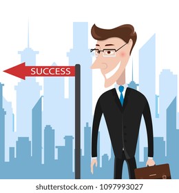 Successful businessman in the city. The pointer indicates success. Vector Illustration. Business success concept. 