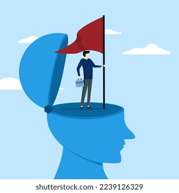 successful businessman climbing above his mind holding victory flag for business purpose. Success mindset concept, career growth and development concept, mentor or inspiration to succeed in business.