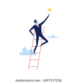 Successful Businessman Climbing Career Ladder Trying to Grab the Star, Path to Success, Leadership Vector Illustration