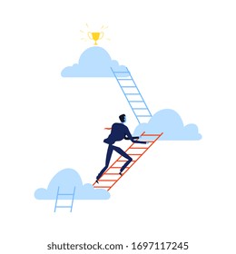 Successful Businessman Climbing Career Ladder Trying to Grab the Star Above Clouds, Path to Success, Leadership Vector Illustration