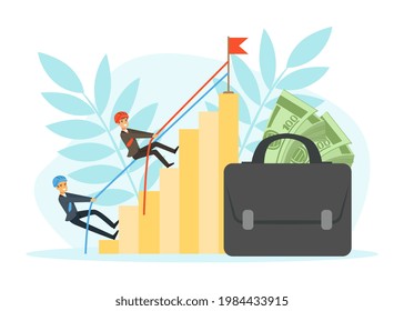 Successful Businessman Climbing Mountain Cliff and Helping Business Partner to Reach Goal, Leadership and Teamwork, Path to Success Vector Illustration