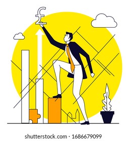 Successful businessman climbing up on growth bars to success, payment raise, professional career. Business concept collection