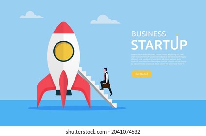 Successful businessman climbing a stair on rocket. Business startup concept illustration.