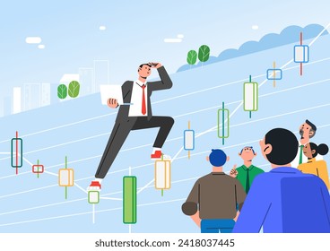 Successful businessman climbs rise up stock chart graph seen by another businessman from below vector illustration flat