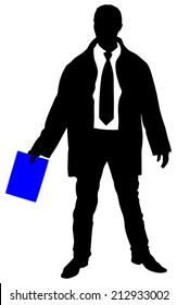 successful businessman in coat holding folder, vector