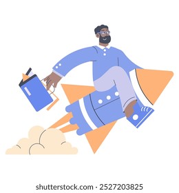 Successful businessman concept. A cheerful entrepreneur riding a rocket, symbolizing career growth and business success. Boost in startup development. Vector illustration.