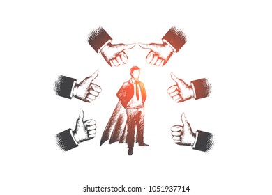 Successful businessman concept. Hand drawn businessman in superhero costume. Person surrounded by gesture thumbs up isolated vector illustration.