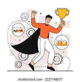 Successful businessman concept. Talented entrepreneur with golden cup in hand. Work with statistics, analysis of graphs, charts and diagrams. Project and start up. Cartoon flat vector illustration