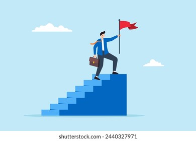 Successful businessman confidently holds red flag atop staircase, illustrating steps to success. Concept of journey towards achievement, and progress in career or business improvement