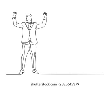 Successful businessman in continuous one line drawing. Businessman Lifting His Arms Up in one line draw. Editable vector.