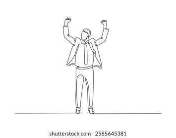 Successful businessman in continuous one line drawing. Businessman Lifting His Arms Up in one line draw. Editable vector.