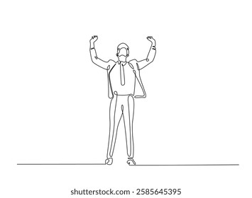 Successful businessman in continuous one line drawing. Businessman Lifting His Arms Up in one line draw. Editable vector.