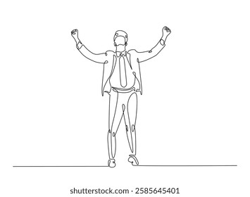 Successful businessman in continuous one line drawing. Businessman Lifting His Arms Up in one line draw. Editable vector.