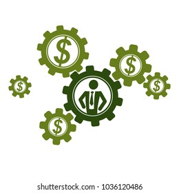 Successful Businessman creative logo, vector conceptual symbol isolated on white background. Special and unique sign. Gears and cogs system.