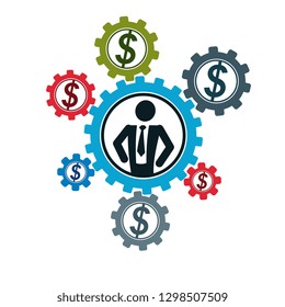 Successful Businessman creative logo, vector conceptual symbol isolated on white background. Special and unique sign. Gears and cogs system.