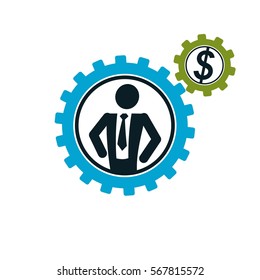 Successful Businessman creative logo, vector conceptual symbol isolated on white background. Special and unique sign. Gears and cogs system.