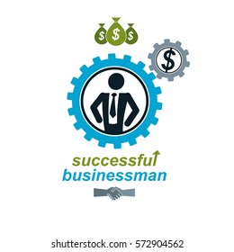 Successful Businessman creative logo, vector conceptual symbol isolated on white background. Special and unique sign. Gears and cogs system.