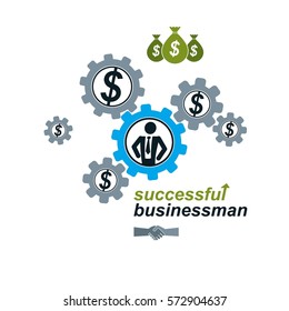 Successful Businessman creative logo, vector conceptual symbol isolated on white background. Special and unique sign. Gears and cogs system.
