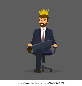 A successful businessman in the crown, sitting on a chair. Vector illustration in flat style.