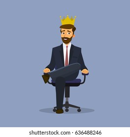 A successful businessman in the crown, sitting on a chair. Vector illustration in flat style.