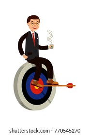successful businessman with a cup of coffee on target plan flat style vector illustration