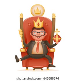 Successful businessman cute cheerful king crown ruler on throne crown on head power scepter in hands cartoon character 3d realistic isolated vector illustration