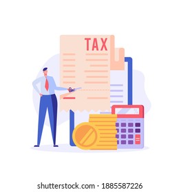 Successful businessman cuts heavy taxes with scissors. Tax deduction. Concept of tax return, optimization, duty, financial accounting. Vector illustration in flat design for UI, banner, mobile app