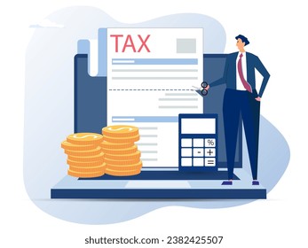 Successful businessman cuts heavy taxes with scissors. Tax deduction. Concept of tax return, optimization, duty, financial accounting. Vector illustration.