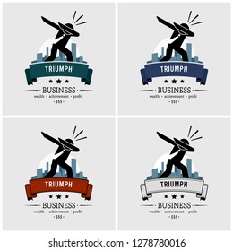 Successful businessman dabbing logo design. Vector artwork of business company success and triumph at corporate world. Entrepreneur celebrating and posing for victory, accomplishment, and achievement.