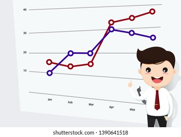 Successful businessman doing presentation and pointing important section of the growing sales chart. Business earnings graphic grown up. Vector, illustration, flat