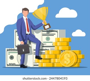 Exitoso hombre de negocios con el dólar y las monedas que sostienen el trofeo, celebra su victoria. Éxito empresarial, triunfo, meta o logro. Ganadora de la competición. estilo plano de Ilustración vectorial