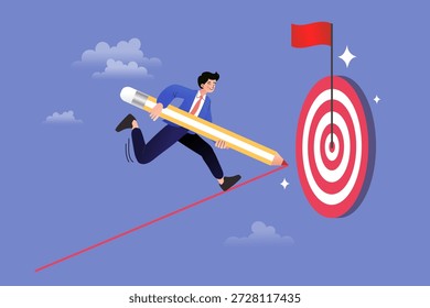 Erfolgreicher Geschäftsmann, der mit einem Riesenbleistift einen direkten Weg zu einem Bullseye-Ziel zeichnet. Konzept für strategische Planung, Zielerreichung, Geschäftsaufgabe, berufliche Ausrichtung und Karriereerfolg.