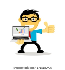 Successful businessman or employee in cartoon with glasses doing presentation and holding laptop reporting for the growing sales chart. Concept of presentation, meeting, financial report business plan