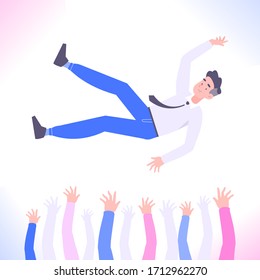 Successful businessman or employee of the month concept. Young man being thrown into the air by his teammates or colleagues, celebration of success hands up vector illustration