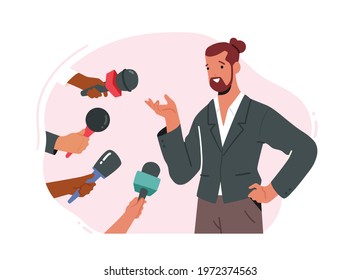 Successful Businessman or Famous Politician Character Gives Interview and Sharing Opinion with Newspaper Journalists with Microphones Asking Young Male Celebrity Questions. Cartoon Vector Illustration