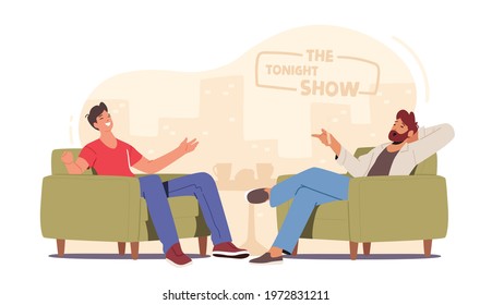 Successful Businessman or Famous Politician Giving Interview to Journalist. Tv Host Asking Young Male Celebrity Character Questions in Television Talk Show Studio. Cartoon People Vector Illustration