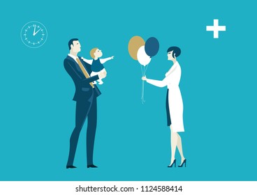 Successful businessman and father bring his child to the doctor. Health and care concept