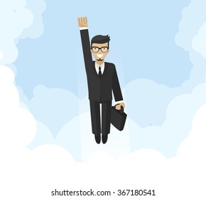 Successful businessman, financial officer or manager flying in sky, boost career, flat design, vector illustration