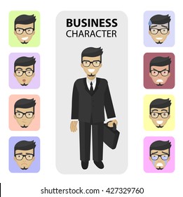 Successful businessman, financial officer or manager character. Set business different emotions faces, profile pictures flat icons, avatars characters. Trendy beard and glasses