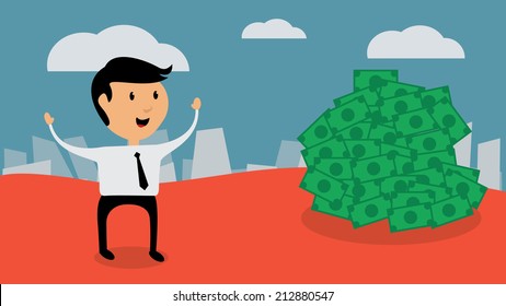 Successful businessman find money, flat design vector illustration