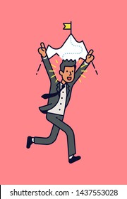 Successful businessman flat design vector concept illustration. Catchy visual on goals achievement in business and industry depicting celebrating office worker with flag on mountain peak in background