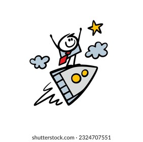 Successful businessman flies at the speed of light to his goal on a rocket in space. Vector illustration of a cartoon employee among the stars. Hand drawn stick figure character isolated.